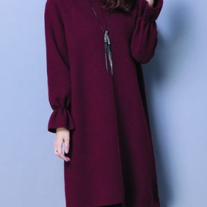 Rust Knitted H-line Solid Frill Sleeve Sweater Dress