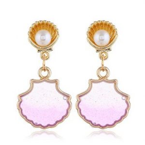 Seashell Shaped Pearl Embellished Gold Metal Earrings - One Size