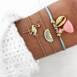 Seashell and Flamingo Shaped Gold Metal Bracelet Set - One Size