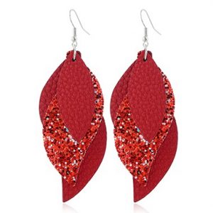 Sequin Detail Coral Red Leaf Shape Earrings - One Size