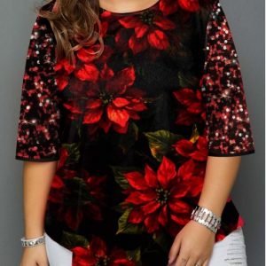 Sequin Embellished Christmas Print Plus Size T Shirt - 0X