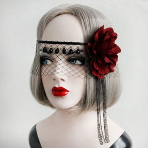 Sexy Mask Black Lace Gauze Crystal Red Flower Ribbon Mask