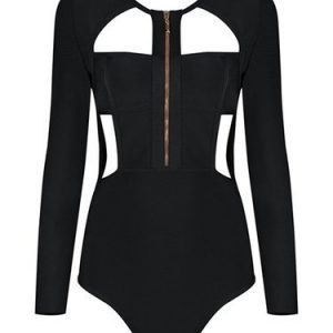 Sexy Solid Long Sleeve Cutout Crew Neck Bodysuit