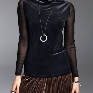 Sheath Paneled Casual Plain Velvet Long Sleeved Top