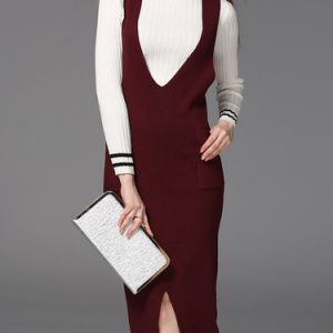 Sheath Simple Plunging Neck Knitted Sleeveless Midi Dress