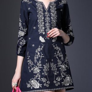 Shift Casual Floral-embroidered 3/4 Sleeve Cotton Mini Dress