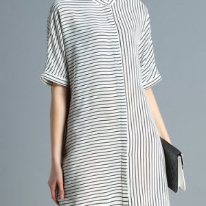 Shift Stand Collar Stripes Half Sleeve Simple Shirt Dress