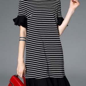 Shift Stripes Ruffled Casual Frill Sleeve Midi Dress