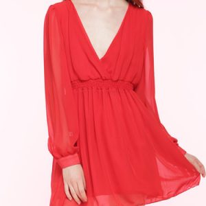 Shirred Chiffon Long Sleeve Plunging Neck Mini Dress