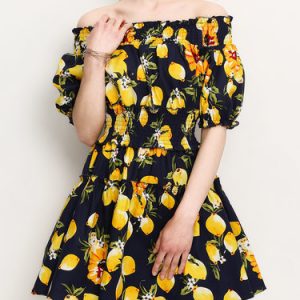 Shirred Lemon Printed Off Shoulder Short Sleeve Mini Dress