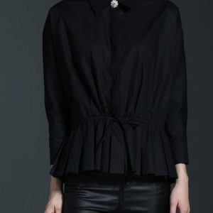 Shirred Pleated Shirt Collar Long Sleeve A-line Blouse