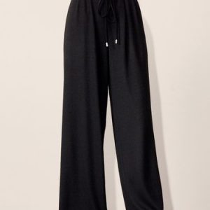 Shirred Simple Solid Wool Blend Wide Leg Pants