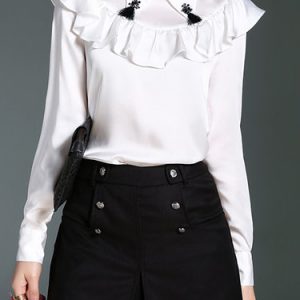 Shirt Collar Casual Long Sleeve H-line Ruffled Blouse