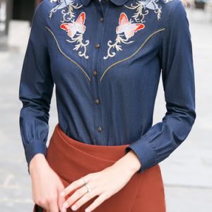 Shirt Collar H-line Long Sleeve Embroidered Cotton Casual Blouse