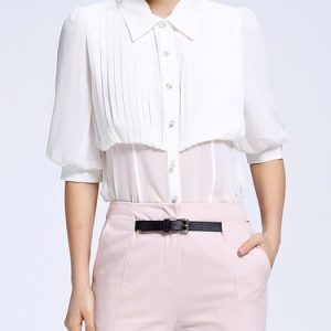 Shirt Collar Plain Buttoned Half Sleeve Blouse