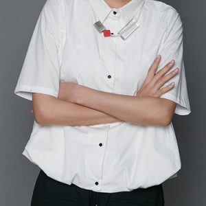 Shirt Collar Simple Short Sleeve Buttoned Ballon Hem Blouse