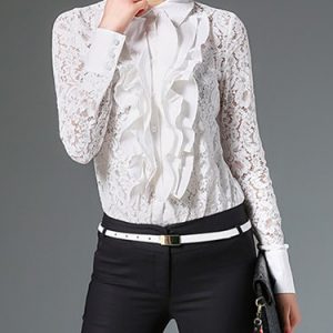 Shirt Collar Two Piece Lace Paneled Long Sleeve Blouse