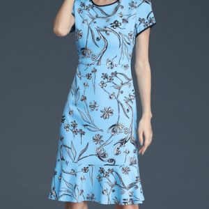 Short Sleeve Elegant Crew Neck Floral Midi Dress