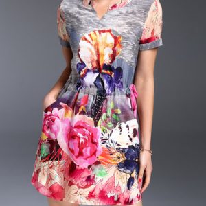 Short Sleeve Floral Silk-blend Casual Stand Collar Midi Dress