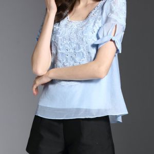 Short Sleeve Guipure Lace Bow Blouse With Camis