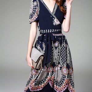 Short Sleeve Printed A-line Casual Midi Dress