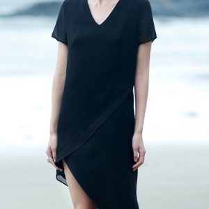 Short Sleeve Simple V Neck Polyester Midi Dress