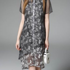 Short Sleeve Vintage Silk Printed Shirt Dress