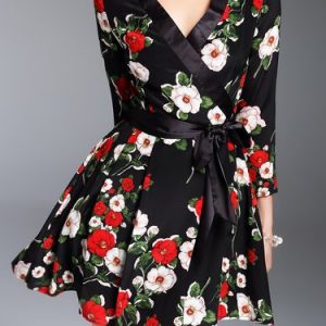 Silk 3/4 Sleeve Elegant Printed Mini Dress