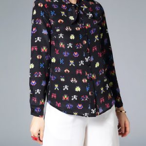 Silk Casual H-line Floral Long Sleeve Blouse