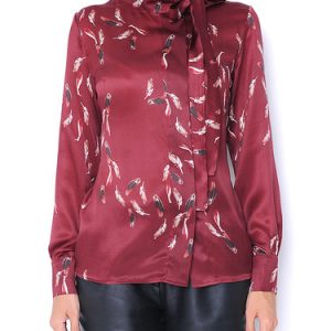 Silk Deep Red Printed Stand Collar Casual Blouse