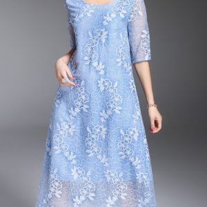 Silk Embroidered 3/4 Sleeve Midi Dress