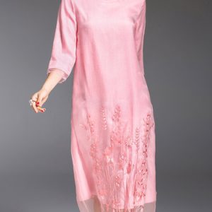 Silk Floral 3/4 Sleeve Embroidered Shift Casual Midi Dress