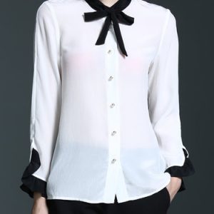 Silk Frill Sleeve Stand Collar Casual Blouse