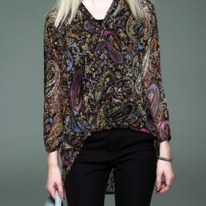 Silk Printed High Low Long Sleeve Vintage Blouse