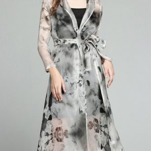 Silk Printed Lapel Long Sleeve Casual Coat