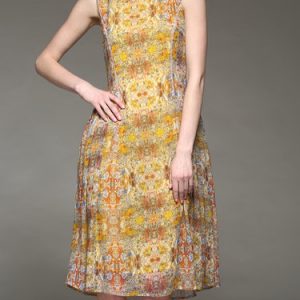 Silk Vintage Sleeveless Printed A-line Midi Dress