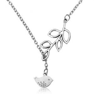 Silver Branch Tree Leaves Bird Necklace