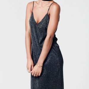 Silver Glitter V Neck H-line Spaghetti Midi Dress