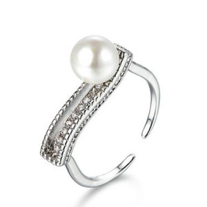 Silver Imitation Pearl Copper Round Adjustable Ring