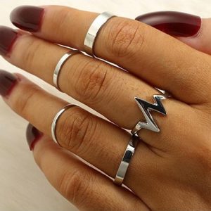 Silver Metal Geometric Design Ring Set - One Size