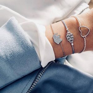 Silver Metal Heart and Elephant Shape Bracelet Set For Women - One Size