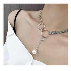 Silver Metal Pearl Embellished Necklace for Women - One Size