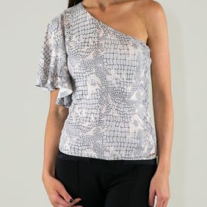 Silver One Shoulder Frill Sleeve Snake Printed Top