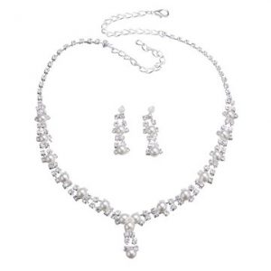 Simple Bridal Full Rhinestone Jewelry Artificial Pearl Necklace Earrings Set