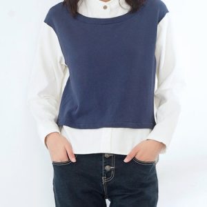 Simple Corduroy Stand Collar Paneled Long Sleeve Top