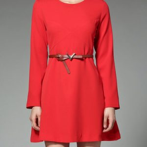 Simple Cotton-blend Long Sleeve Mini Dress with Belt