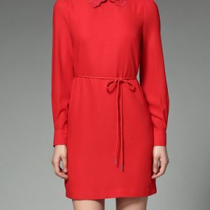 Simple Cotton-blend Shirt Collar Plain Mini Dress with Belt