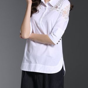 Simple Half Sleeve Guipure Lace Shirt Collar Cotton Blouse