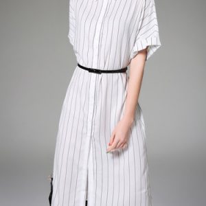 Simple Half Sleeve Shift Shirt Collar Stripes Shirt Dress with Belt