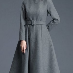 Simple Long Sleeve Wool Blend Crew Neck Midi Dress with Belt